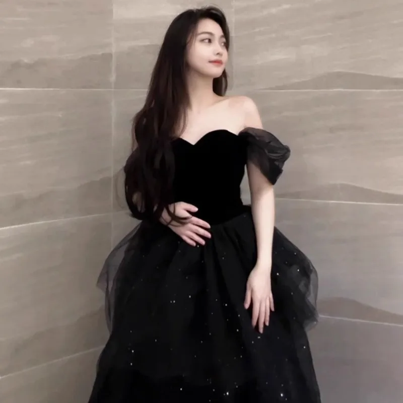 

2026 New Women's Black Sexy Off-Shoulder Evening Dress Fashion Slimming French Puff Skirt Art Graduation Long Dress