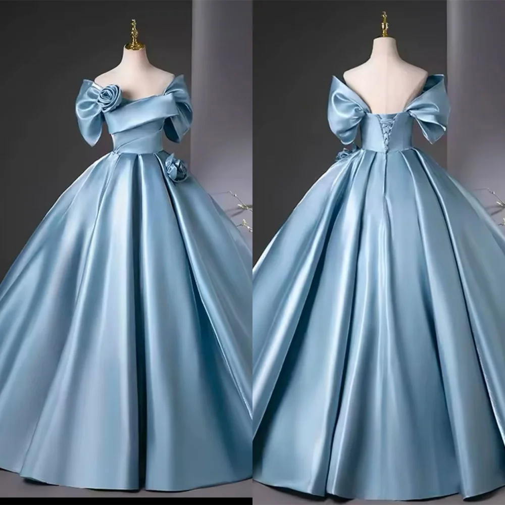 

Customized Exquisite Blue Satin Evening Dress Classic Strapless Off The Shoulder Sleeveless Lace Up Back Bespoke Occas