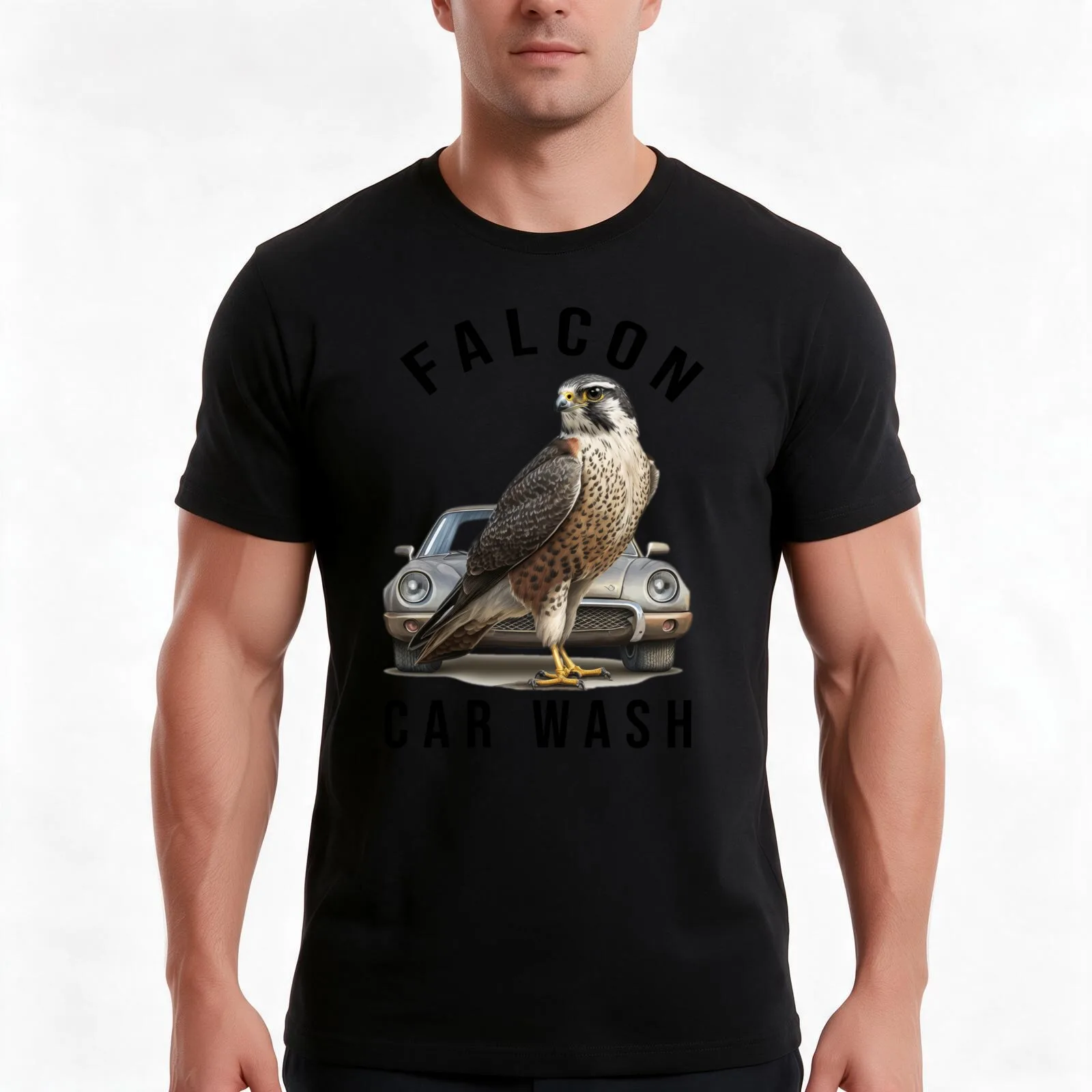 Falcon Car Wash T-Shirt, Summer Casual Cotton Tee, Oversized Streetwear Tops, Vintage Graphic Print, Loose Fit Short Sleeve