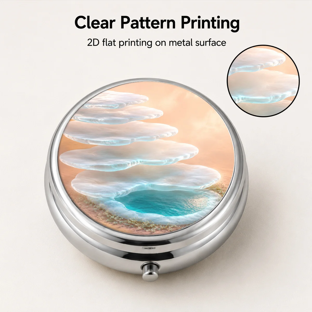 A single-layer cloud sea secret lake high-definition printed three-compartment box, with three compartments for morning, noon, and evening medication.   Suitable for unique and atmospheric gifts, as well as for daily use by outdoor enthusiasts