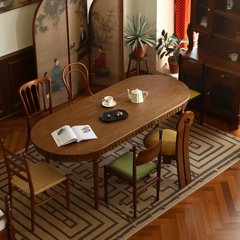North American all solid wood log retro French solid wood rock slab oval dining table cherry wood medium