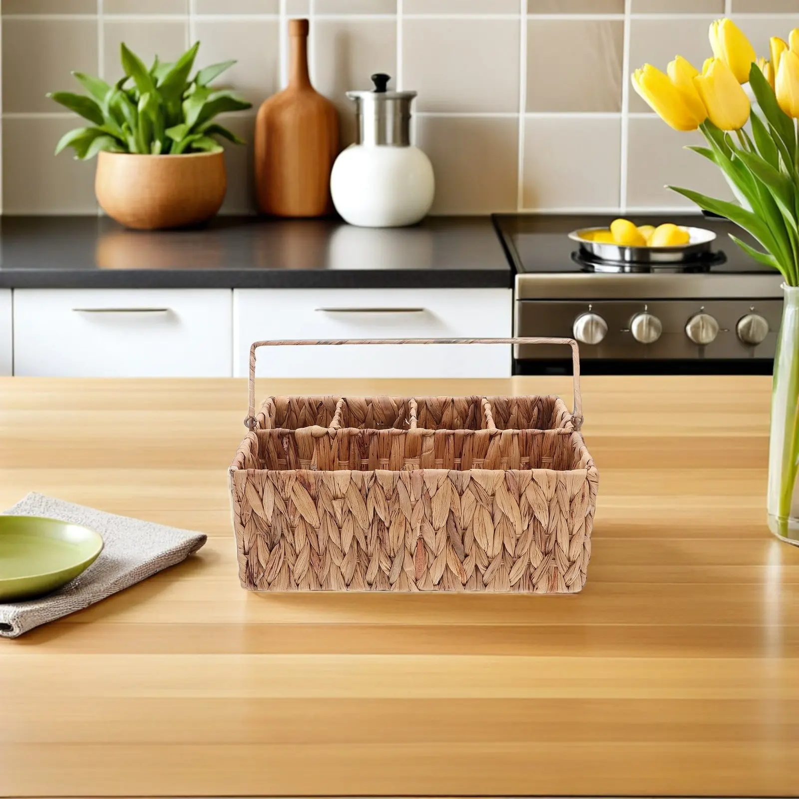 Wicker Handwoven Picnic Basket Silverware Organizer Iron Frame Portable Cutlery Utensil Holder 5 Compartments Flatware Storage