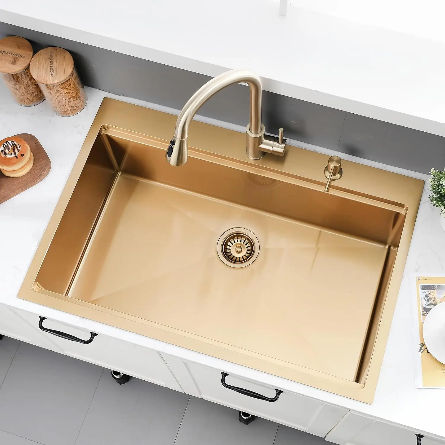 33 Inch Gold Kitchen Sink Drop In-33×22 Drop-In Kitchen Sink Gold Workstation Kitchen Sink 16-Gauge Gold Stainless