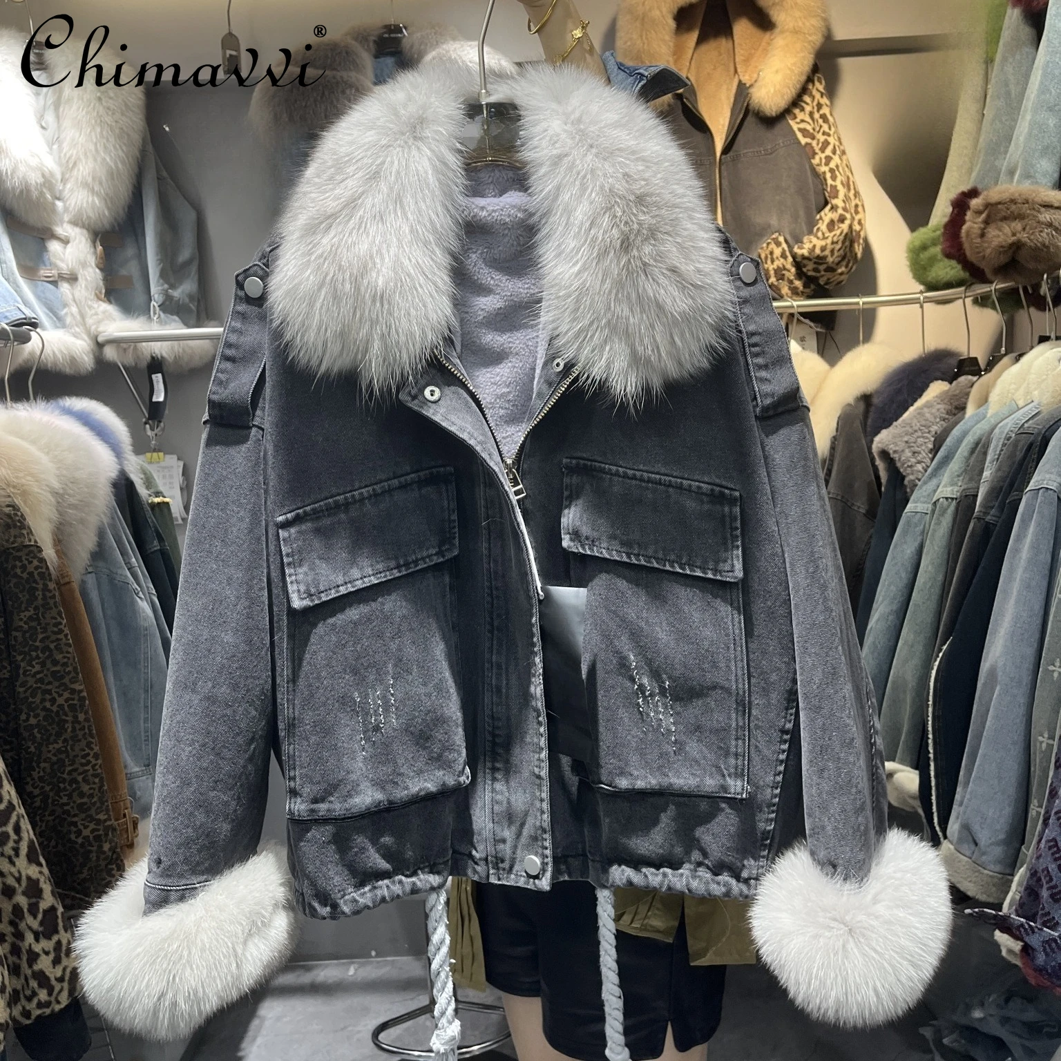 

Fashion Casual Faux Fox Fur Collar Thickened Fleeced Denim Jackets Loose Versatile Long Sleeve Warm Coats Winter Clothes Women