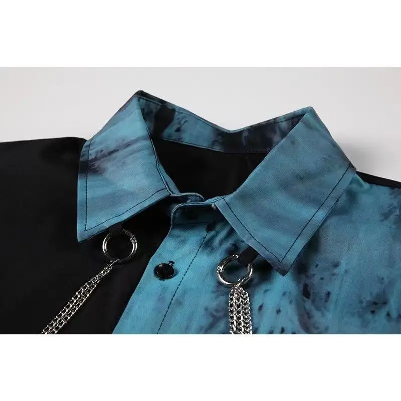2025 Spring and Autumn New Chain Turn-down Collar Long Sleeve Men's Black Blue Shirt Loose Casual Couple Black Gray Shirt