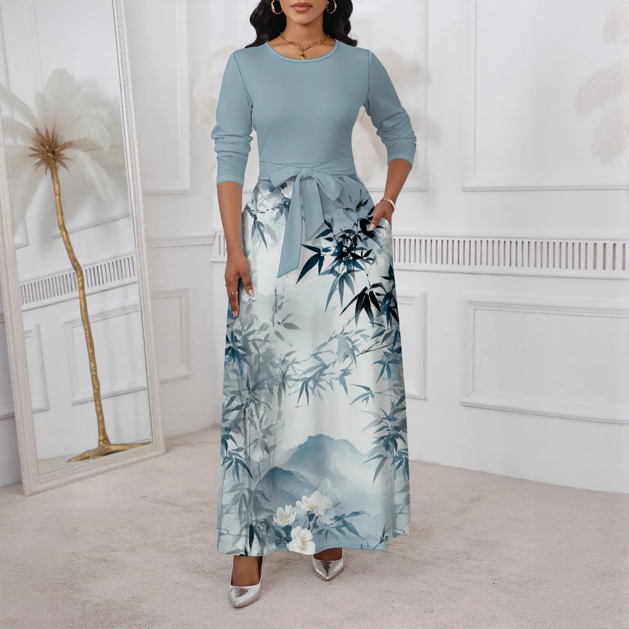 

Women's Blue Tropical Long-Sleeve Printed Tie Dress with Pocket Polyester Maxi Party Spring Chic