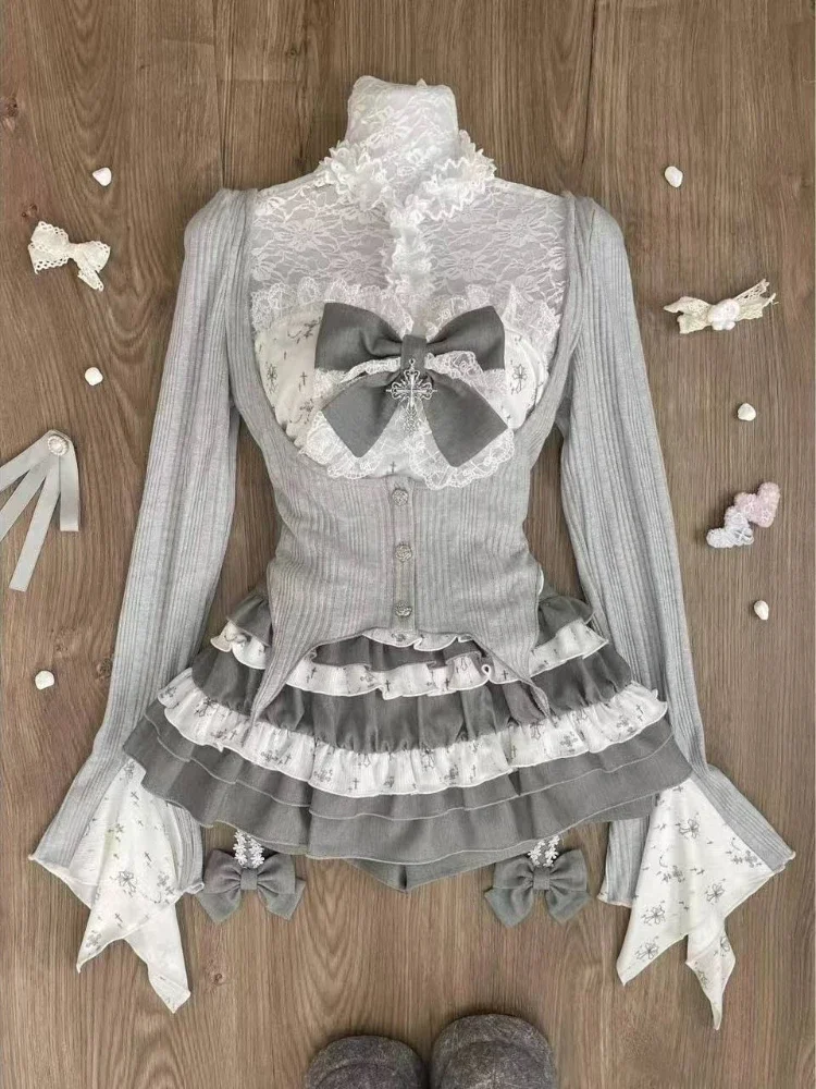 

Женский жилет с бретелькой на бретельках и милым бантом + кардиган с длинными рукавами + юбки-торты с высокой талией Y2k, новые летние юбки, комплекты из трех предметов