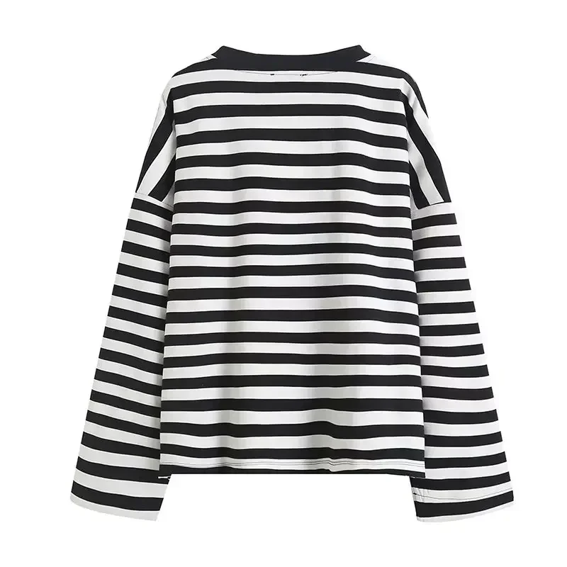 Women's 2023 Fashion Casual Joker Loose Version Striped Long Sweater Retro Long Sleeve T-shirt Pullover Chic Top