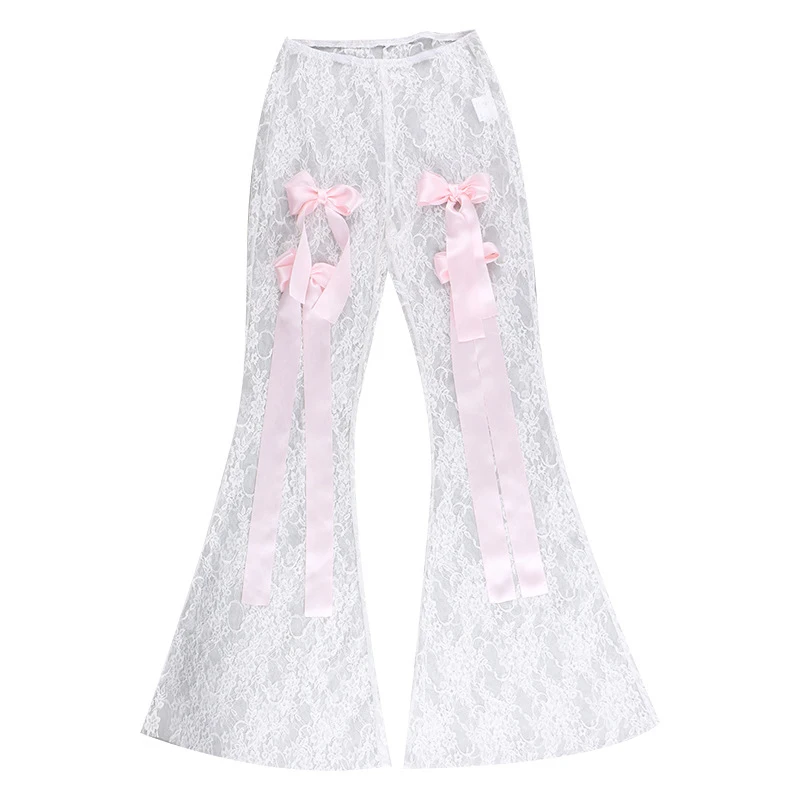 TRAUXY-Bow Splice calça de renda feminina, calça justa pura, cintura alta, festa na praia, clube sexy, calça see Through para senhoras, meninas quentes, 2024