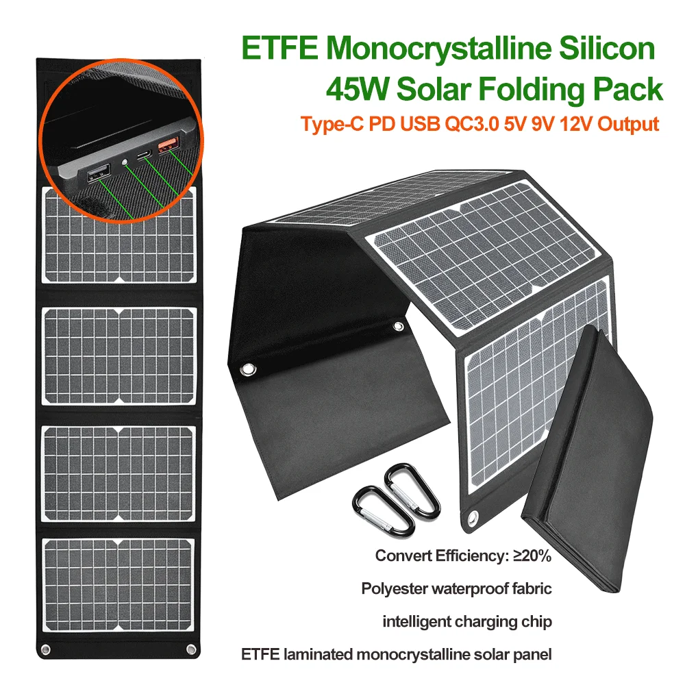 

Monocrystalline Solar Folding Pack 45W Photovoltaic Cell Type C PD USB QC3.0 5V 9V 12V Output Outdoor PV Plate Fast Charger