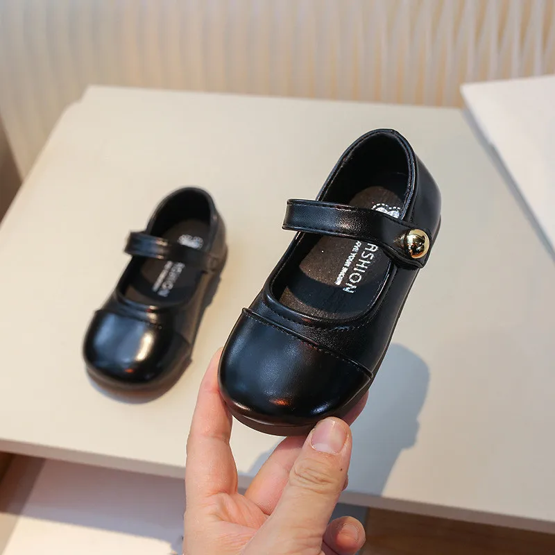 Toddler Girls Mary Jane Shoes Single Strap Gold Button Round Toe Soft Non Slip Flat Sole Kids Vintage Casual Leather Shoes