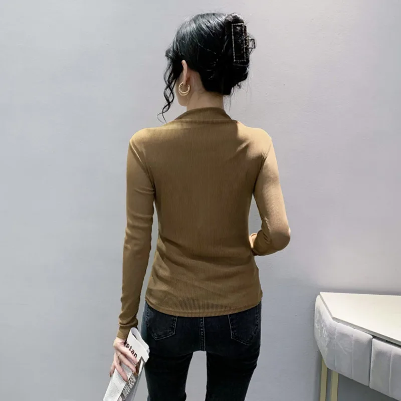 #8350 Black Khaki Spliced Mesh  Perspective Turtlneck T Shirt For Women Diamonds Sexy Long Sleeve Women's T-shirt Korean Fashion