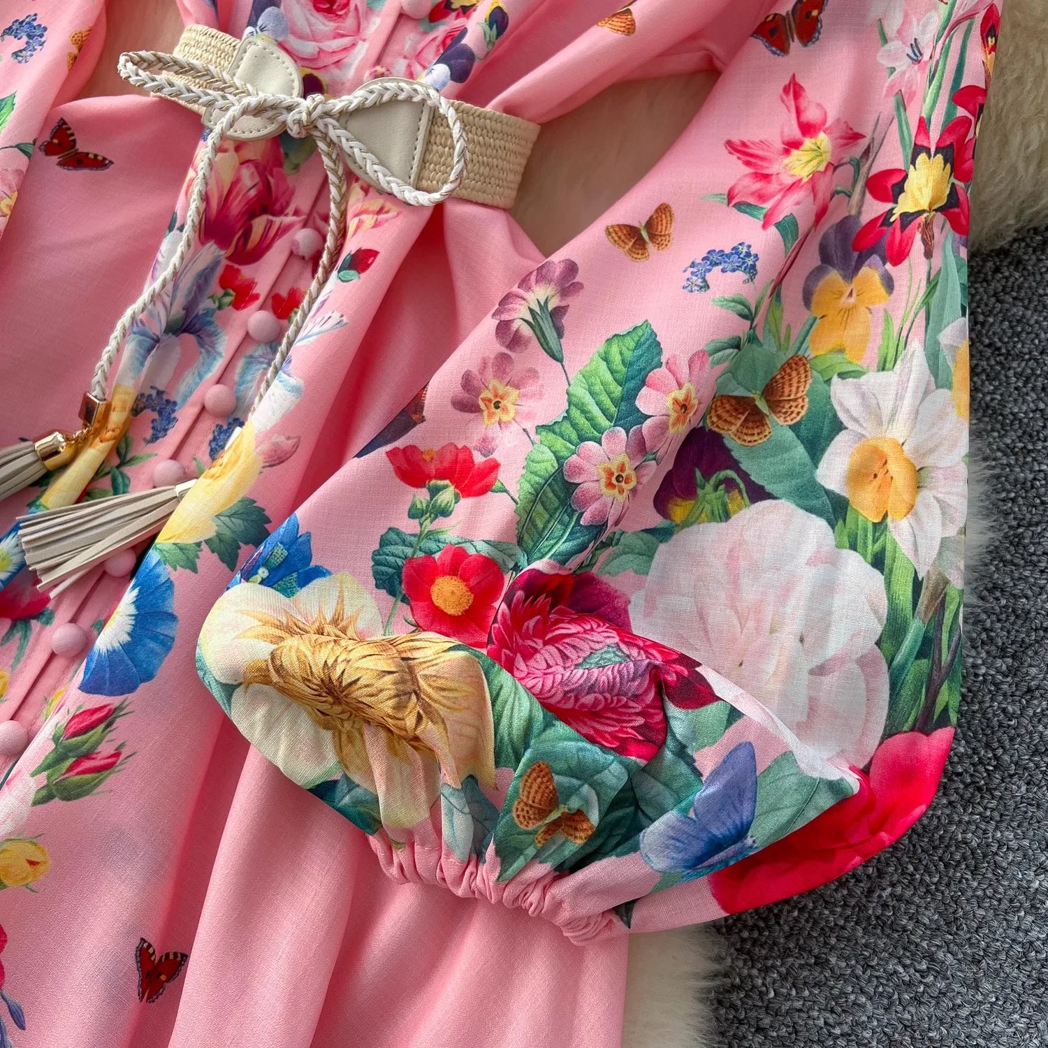 Primavera Autunno Vacanza Fiore Boho Abito da donna Stand Lanterna Manica Cintura A-Line Beach Party Vestido Bottoni Up Maxi vestiti