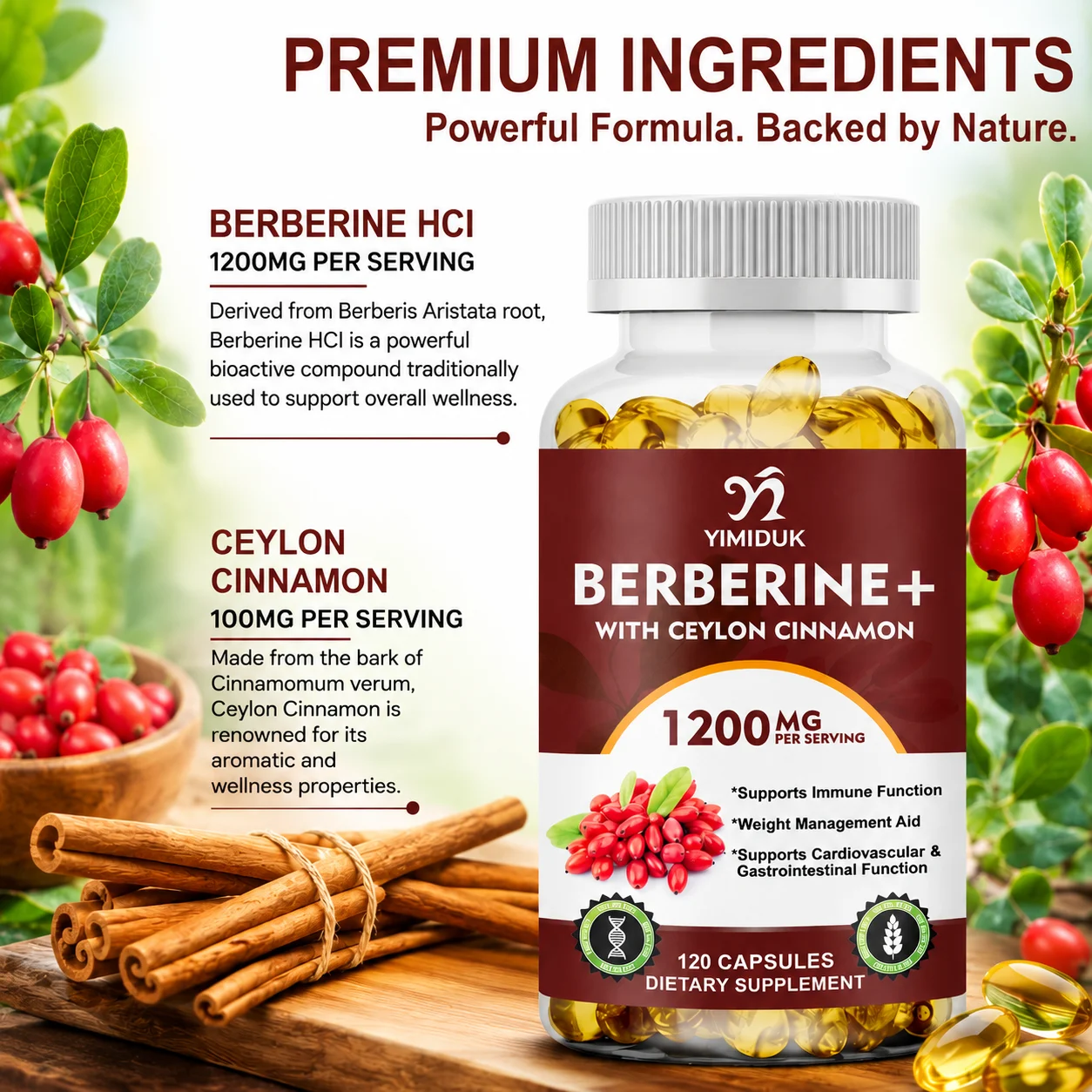 Natural Berberine Capsules, with Contains Ceylon Cinnamon, Milk Thistle, Support Cardiovascular, Liver & Gut Health, Weight Loss