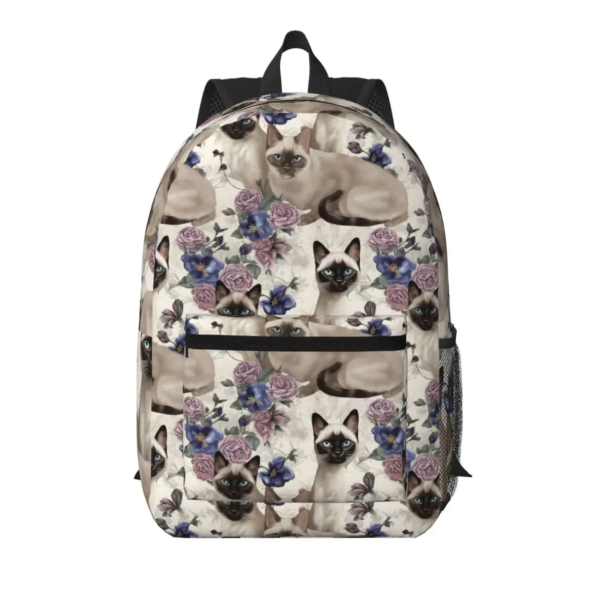 Siamese Cat In Beautiful Floral Student Backpack School Bag Hiking Travel Daypack for Boys Girls Bookbag Shoulder Bags
