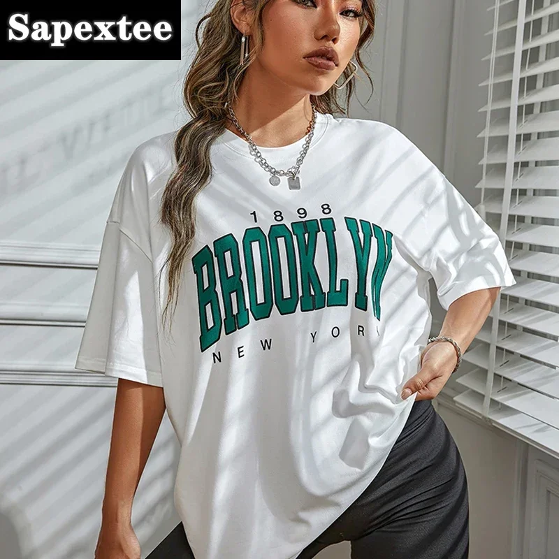 New T-Shirt Women 1898 Brooklyn York Letter Drop Shoulder Print Vintage Oversized T Shirt Simple Clothes Female Tshirt Y2K Top