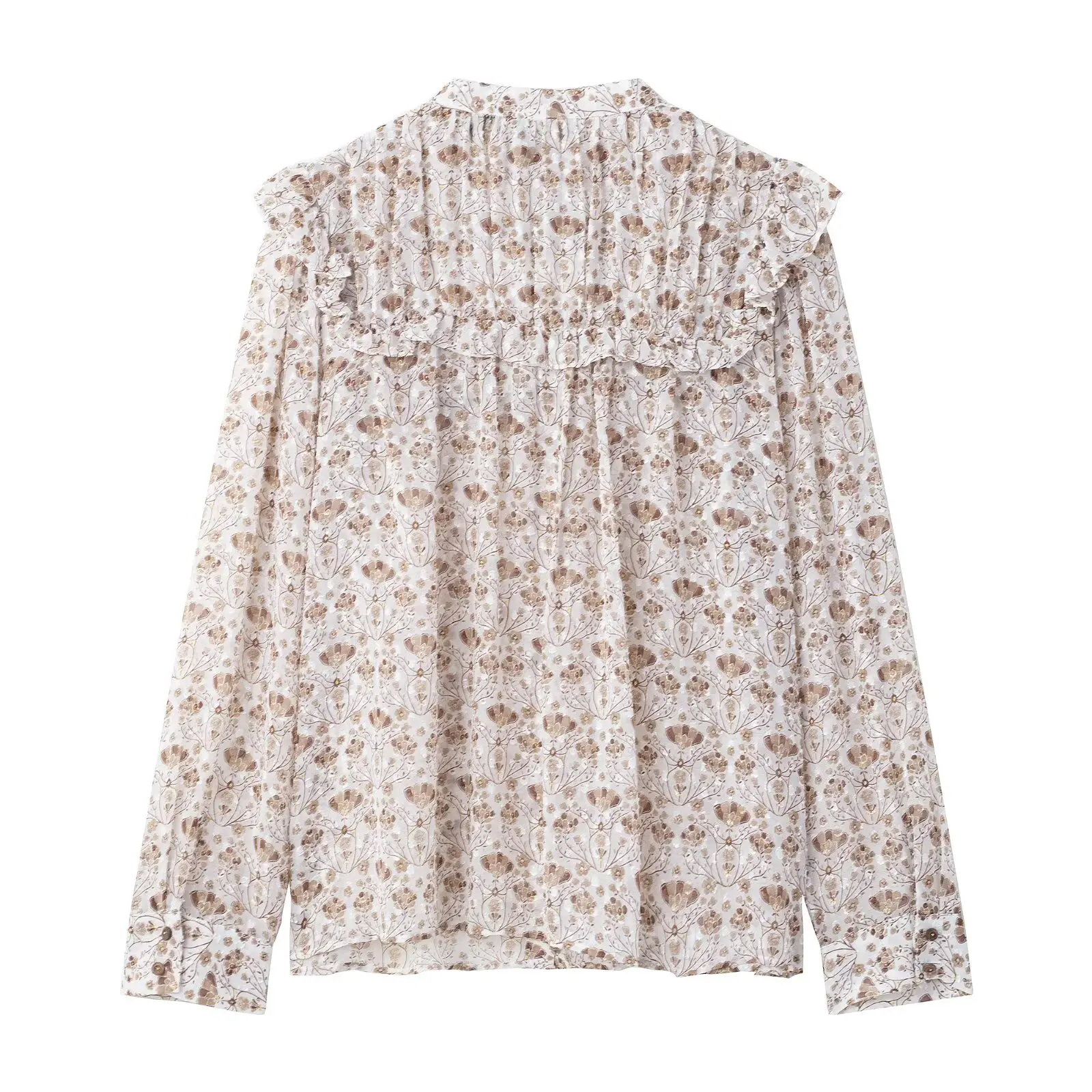 PB&ZA Damen-Langarmbluse mit Blumendruck, Rüschendetails und Knopfleiste vorne für einen femininen und schicken Look