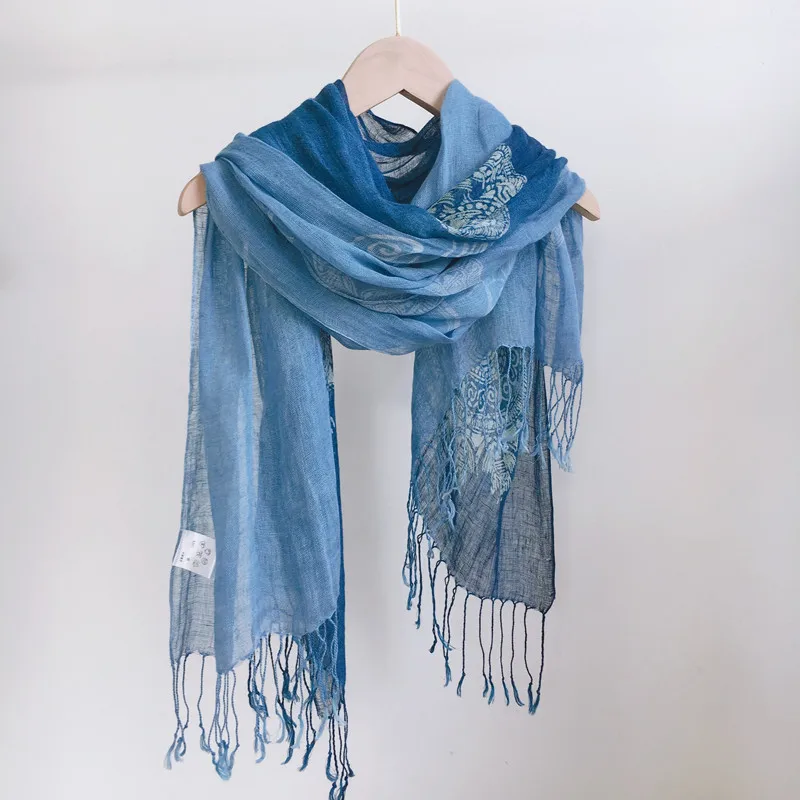 

Printing Gradient Blue Color 100% Linen Scarf Batik Scarf Versatile Retro Scarf Thin Light Breathable Shawl Elegant Women Hijabs