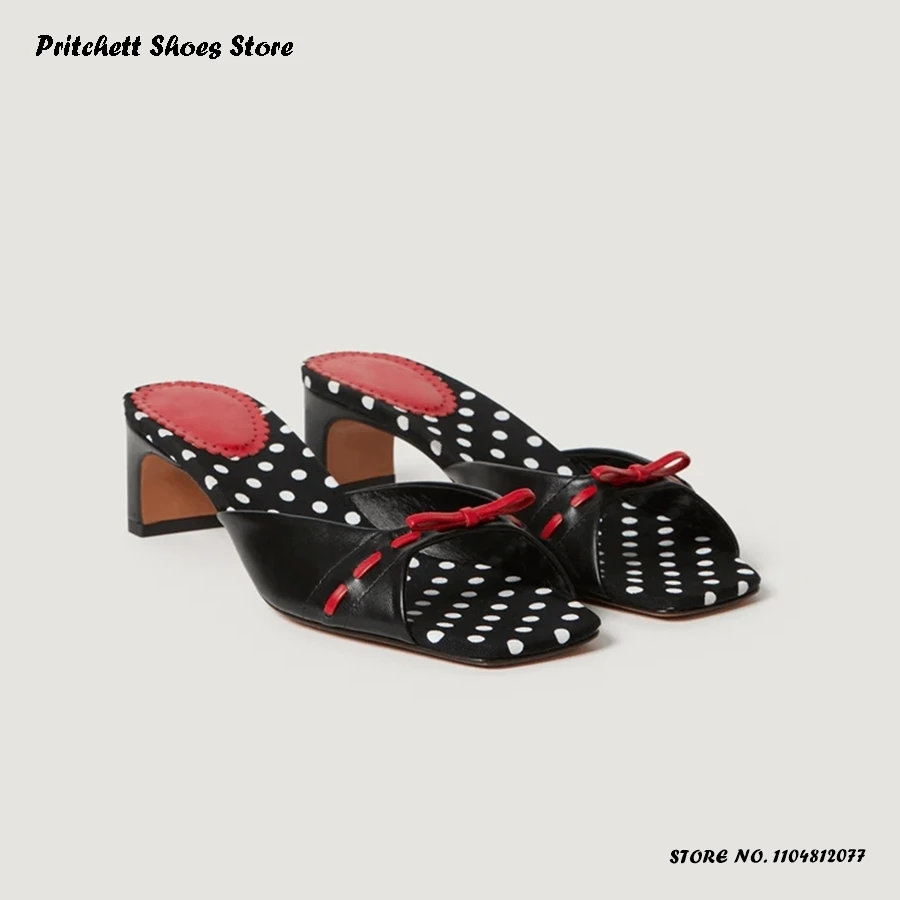 

Женские лоскутные леопардовые тапочки с бантом, летние милые повседневные туфли на мелкой подтяжке, кожаные сабо на массивном каблуке с квадратным открытым носком