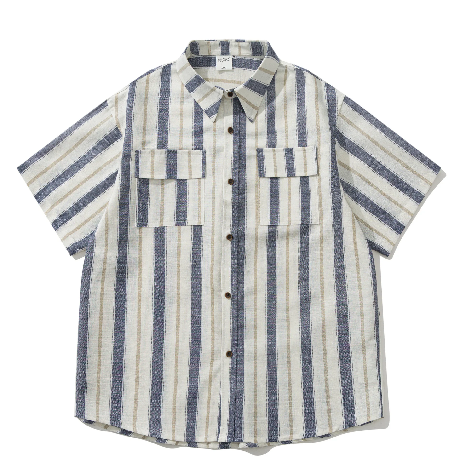 Summer Japanese Retro Amekhaki Striped Pocket Patchwork Workwear Shirt Men and Women's Loose Five
