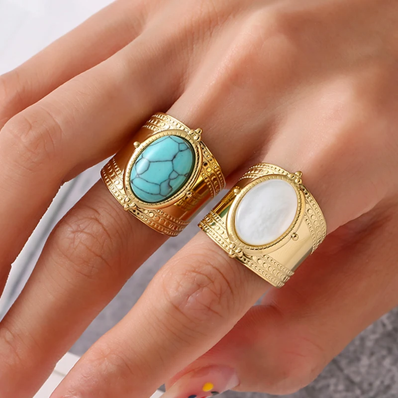 Bohemia Turquoise Natural Stone Wide Open Rings for Women 14K Gold Plated Stainless Steel Ring Finger Rings Women Jewelry Gifts