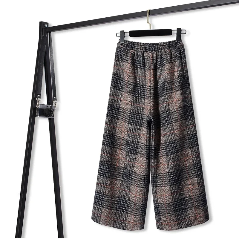 

2021Women Autumn Fashion Plaid Woolen Wide-leg Pants Ankle-length Trousers Winter New Thick Skirt Trousers High waist pants A713