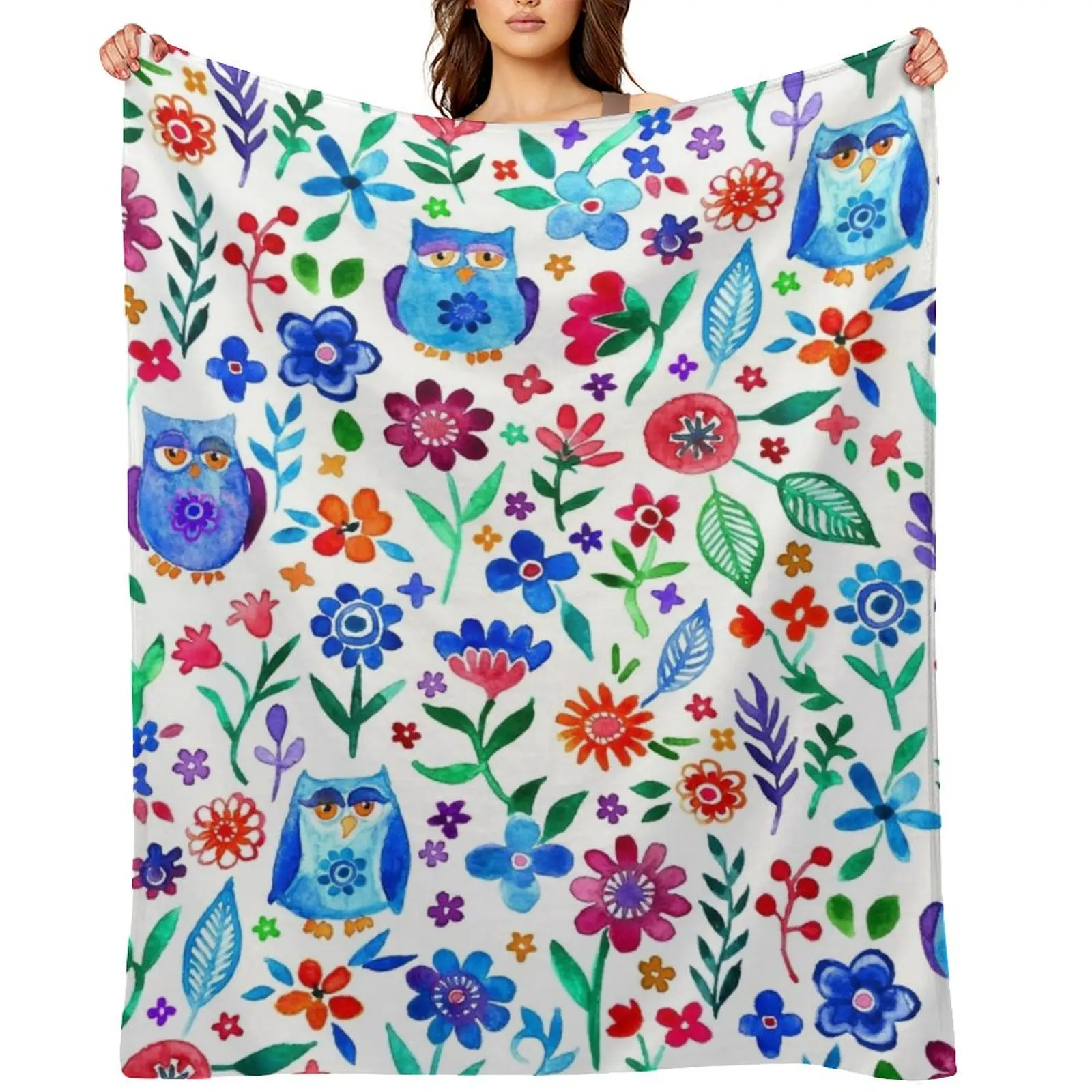 

Little Owls and Flowers on White Throw Blanket Luxury Brand Multi-Purpose for winter Furrys Blankets