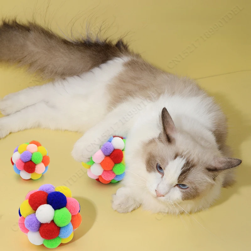 Cat Toys Cat Plush Ball Toy Pet Elastic Bell Ball Self Hi Ball Playing Cat Colorful  Woolen Balls