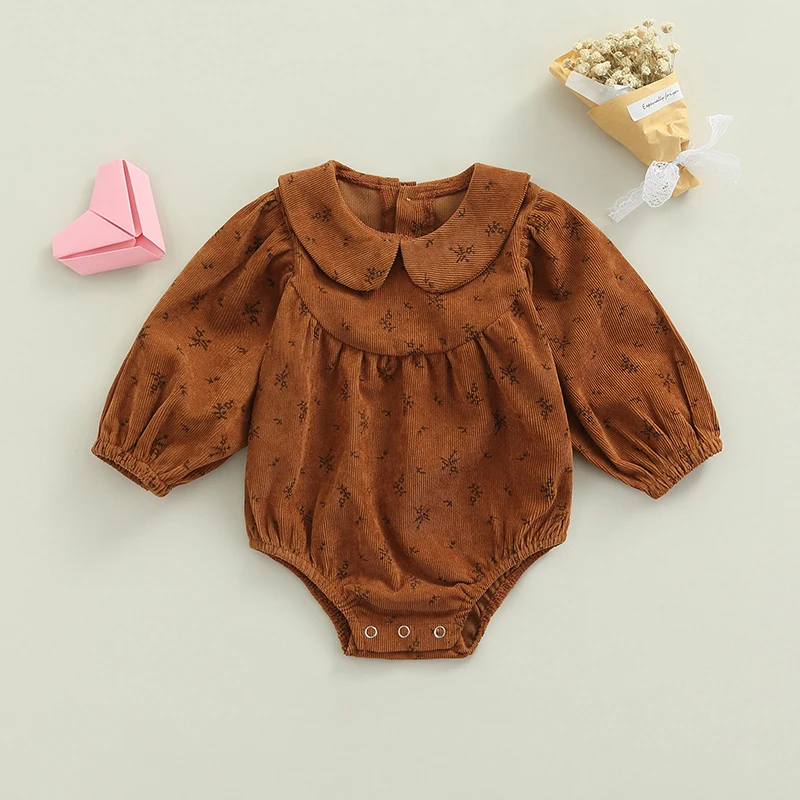 Newborn Infant Baby Girl Long Sleeve Romper Corduroy Ruffle Bodysuit Fall Spring  Snap Button Jumpsuit Clothes Outfit