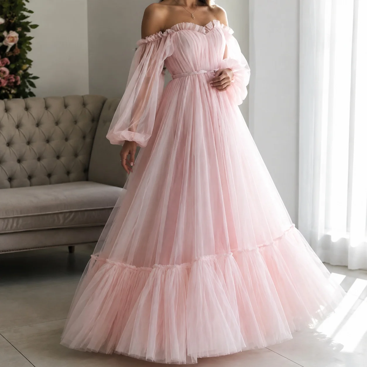 Long Sleeve Off Shoulder Gown Maxi Length Sweet Fresh with Raglan Sleeve Open Back Long Dress Summer for Women