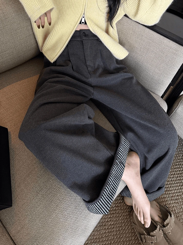 Retro Japanese Style High Waist Wide Leg Pants Women's Autumn Winter Loose Fit Slimming Drapey Casual Trousers with Cuffed St...