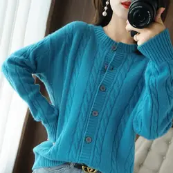 Women Autumn and Winter New Crew Neck Retro Solid Color Cardigan Button Sweater Loose Versatile Thicken Knit Long-sleeved Top