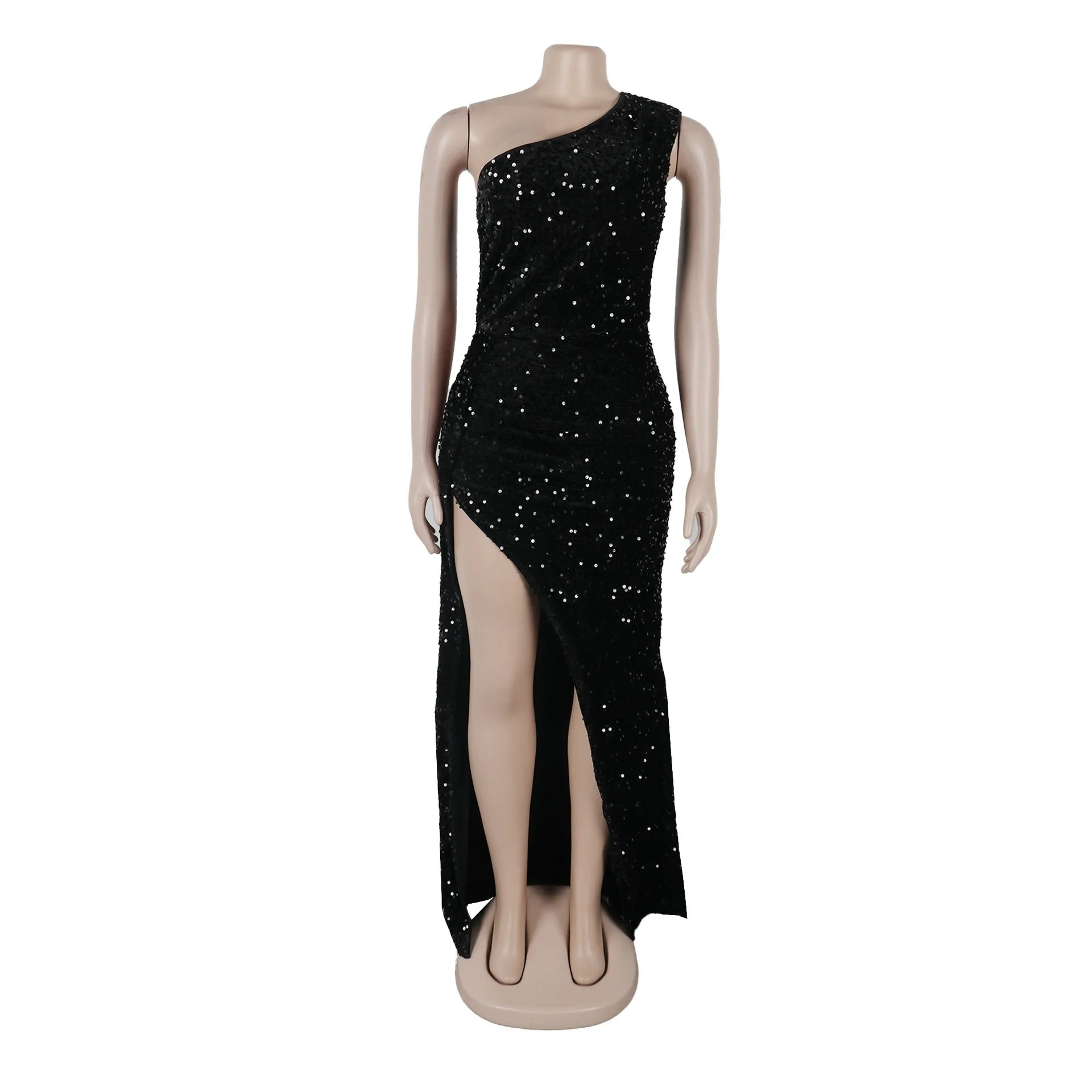 Sexy Nightclub Party Club Banquet Prom Slant Shoulder Split Wrap Hip Slim Velvet Beaded Dresses