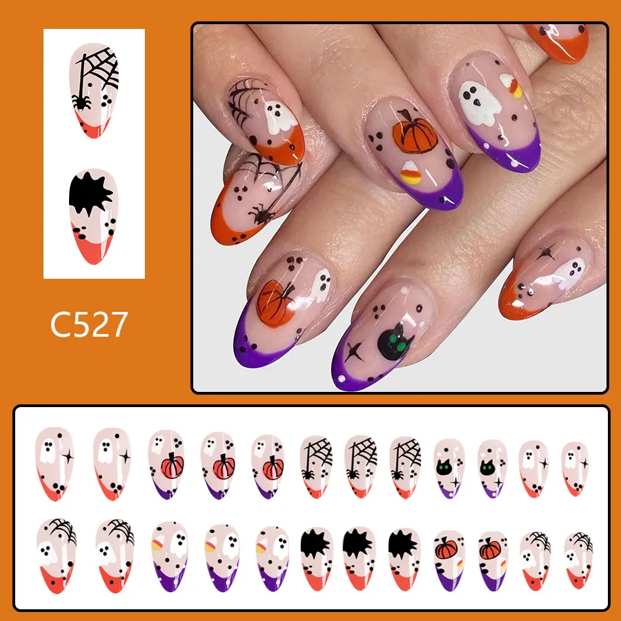 24Pcs Short Oval Halloween Press on Nails Almond Spider Web Ghost Pumpkin French Fake Nail for Women&Girl Removable Wear Nail