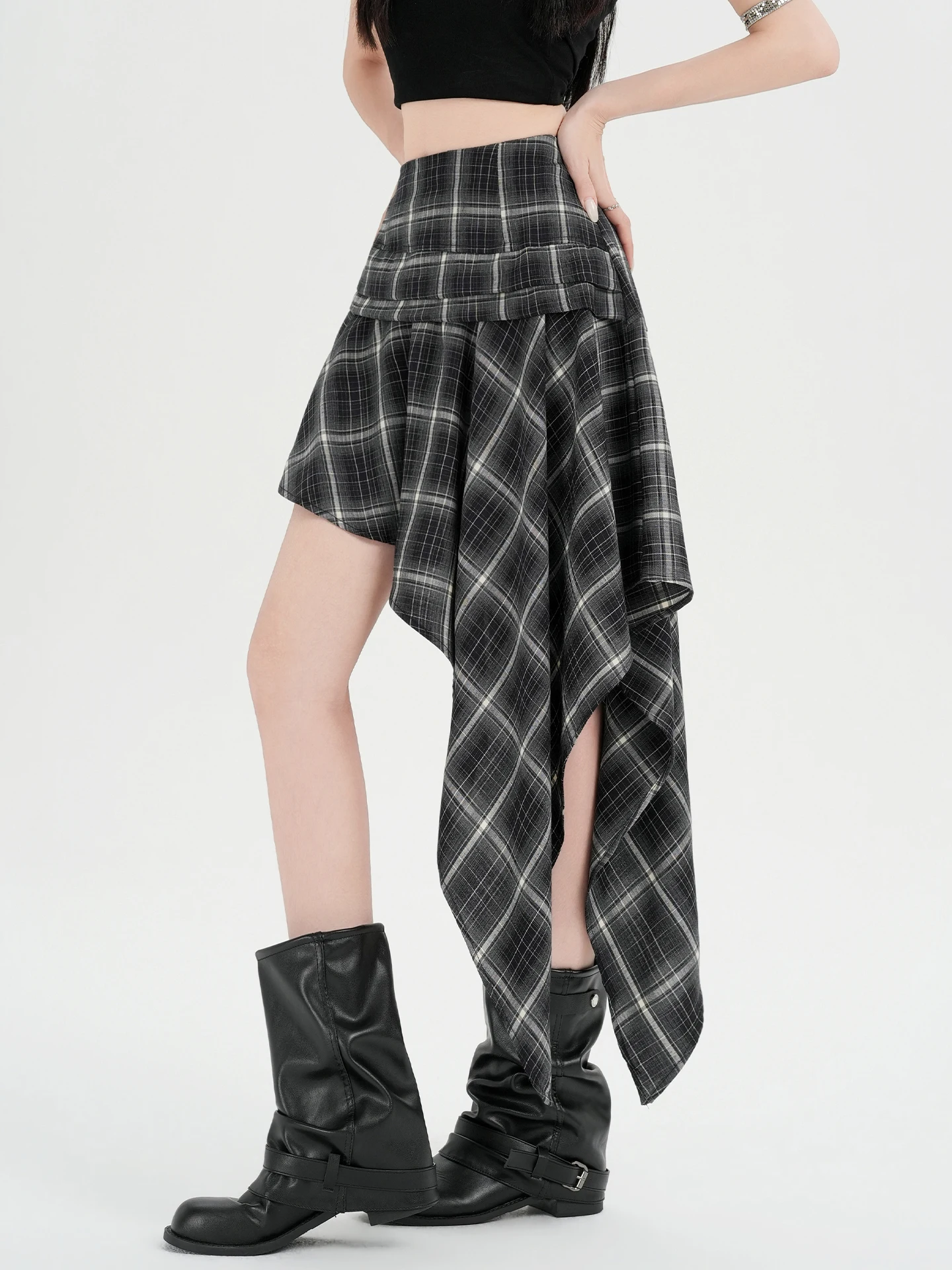 

American Style Spicy Girl Plaid Asymmetrical Sash Skirt Women's Summer New Retro High Waist Slim A-Line Pleated Skirt