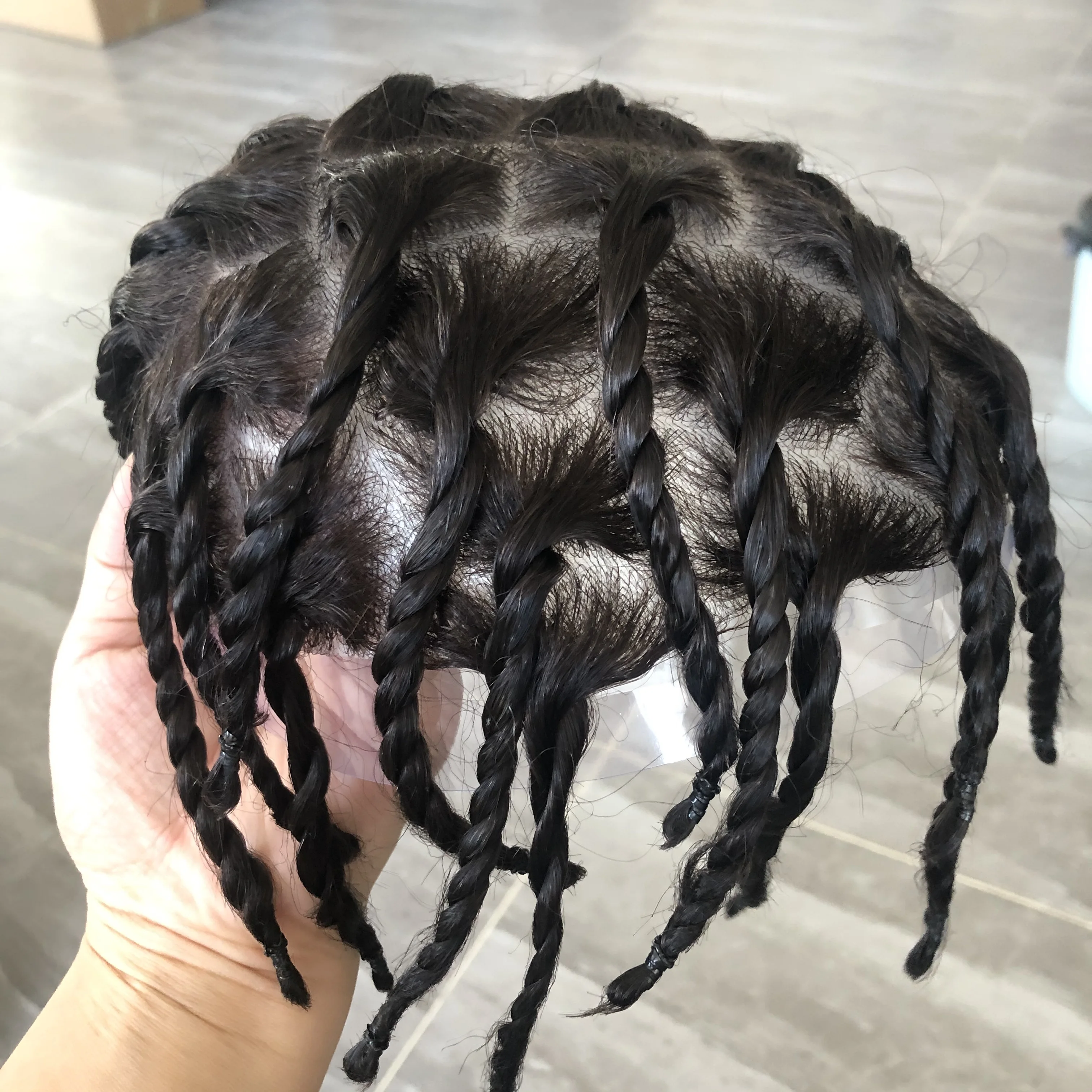 Sistema da prótese do cabelo humano, perucas masculinas, linha fina natural super, base fina da pele, único nó, homem negro afro, até 10 tranças