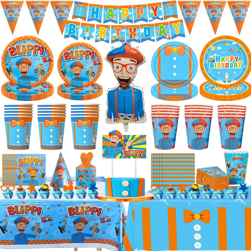 Decoración de Cumpleaños con Temática de Blippi para Maestros de Inglés, Vajilla, Platos, Vasos, Globos, Pancarta, Fondo, Bolsas de Regalo, Artículos para Fiestas