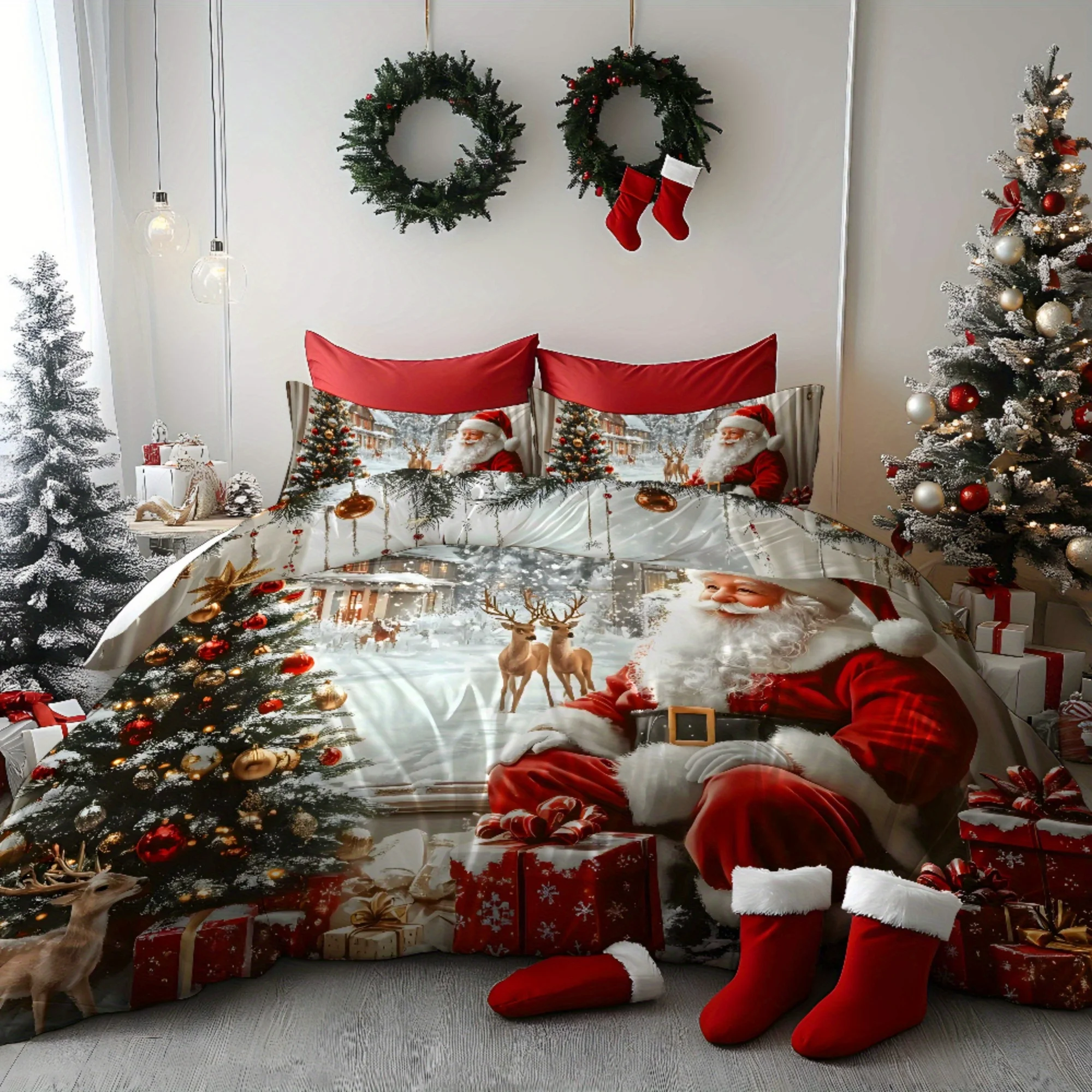 Christmas Santa Claus Sleigh Reindeer Christmas Tree Santa Claus Snow Cabin Pattern Soft Brushed Printing Quilt Cover Bedding