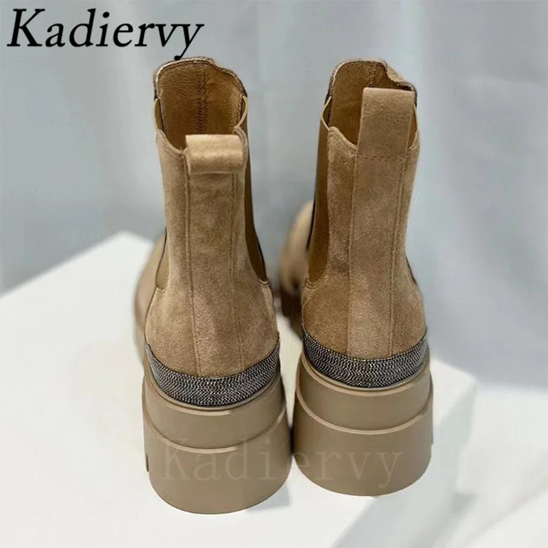 Thick Sole Motorcycle Boots Women Round Toe Slip-on Ankle Boots String Bead Flat Shoes Women Luxury Cow Suede Short Boots Woman