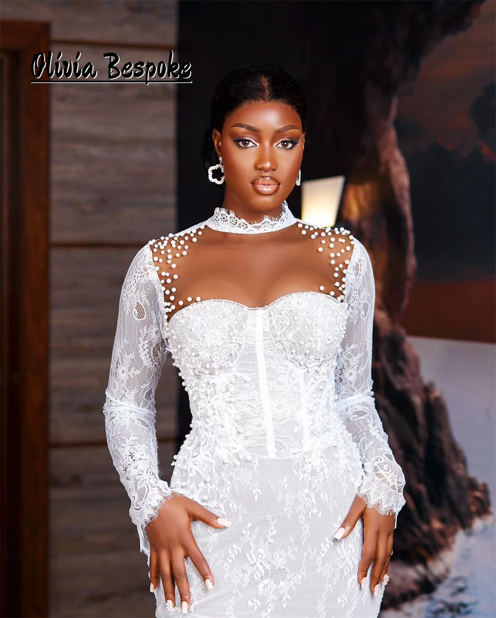 

Dreamy Lace Long Sleeves Aso Ebi Wedding Dress 2025 Beaded Pearls High Neck African Bridal Dress For Engagement Mermaid