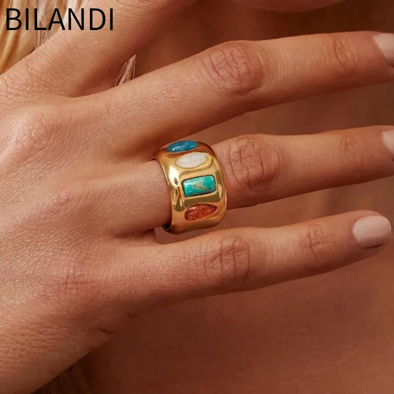 Bilandi Fashion Jewelry Blue Green Stone Ring Vintage Temperament Hot Sale Metallic Gold Color Ring For Women Lady Gift