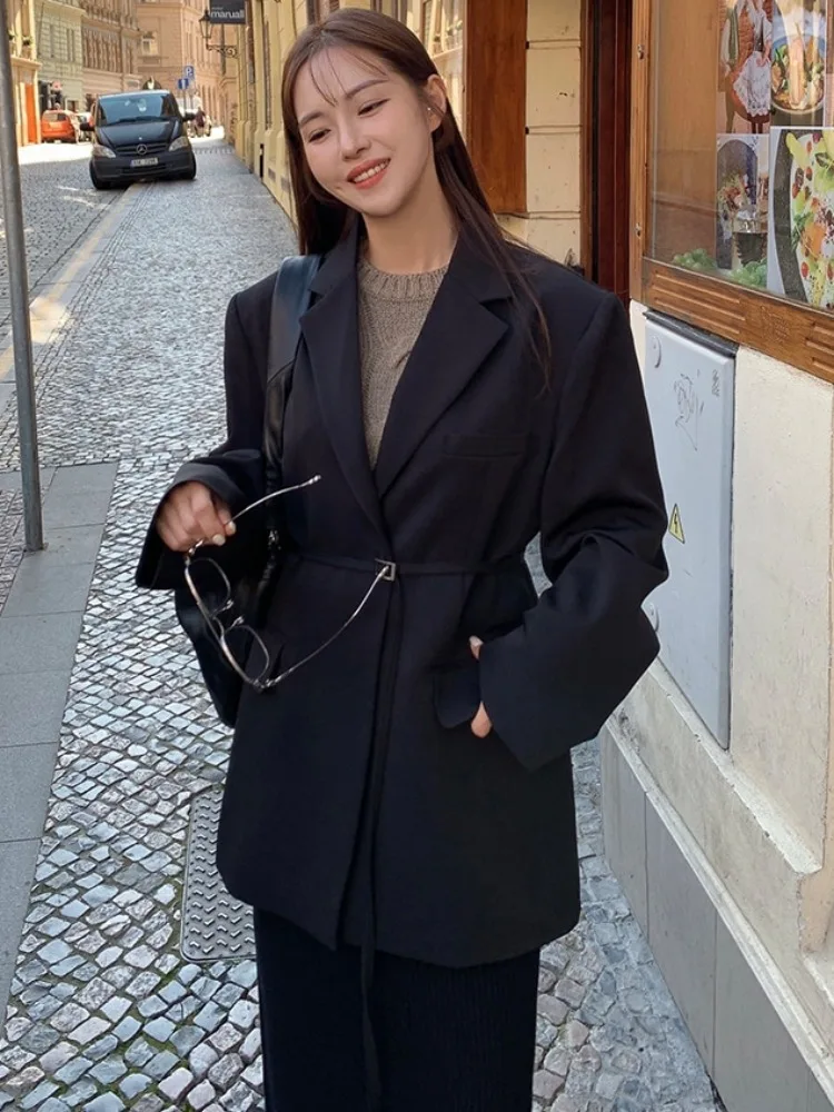 

Retro Autumn Winter Suit Jaet Women's Faionable Waist-Cinching Top with Belt High-End Feel Commute Sle Long Sve