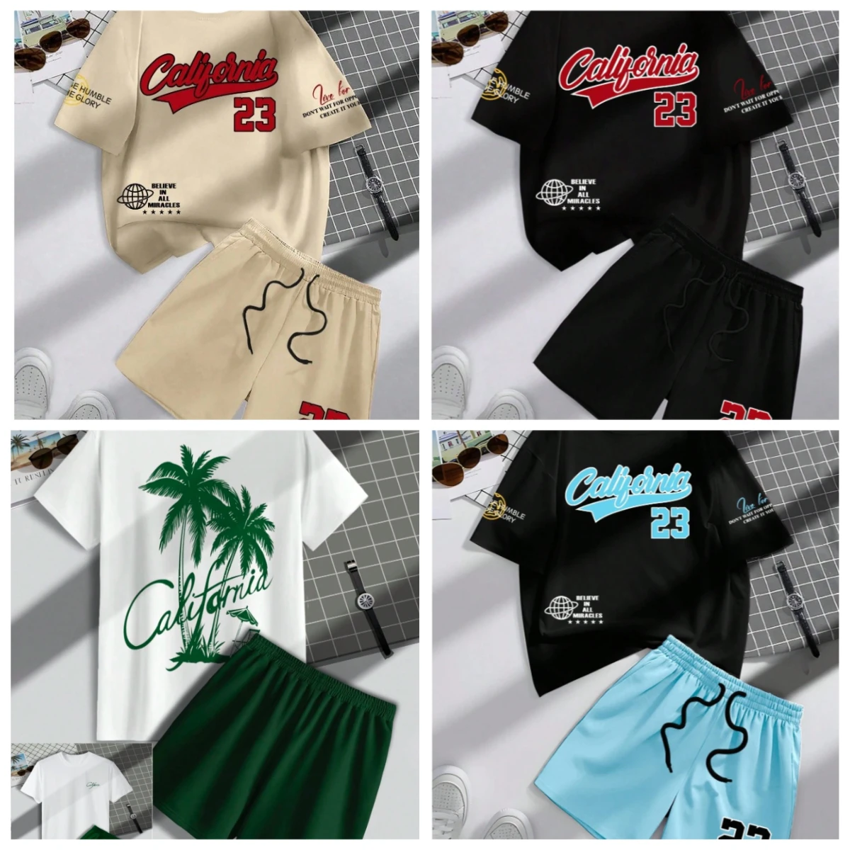 

Summer Men's Casual Letter Print Short Sleeve T-Shirt & Shorts Set Round Neck Gradient Short Sleeved Women's T-shirt Shorts Set