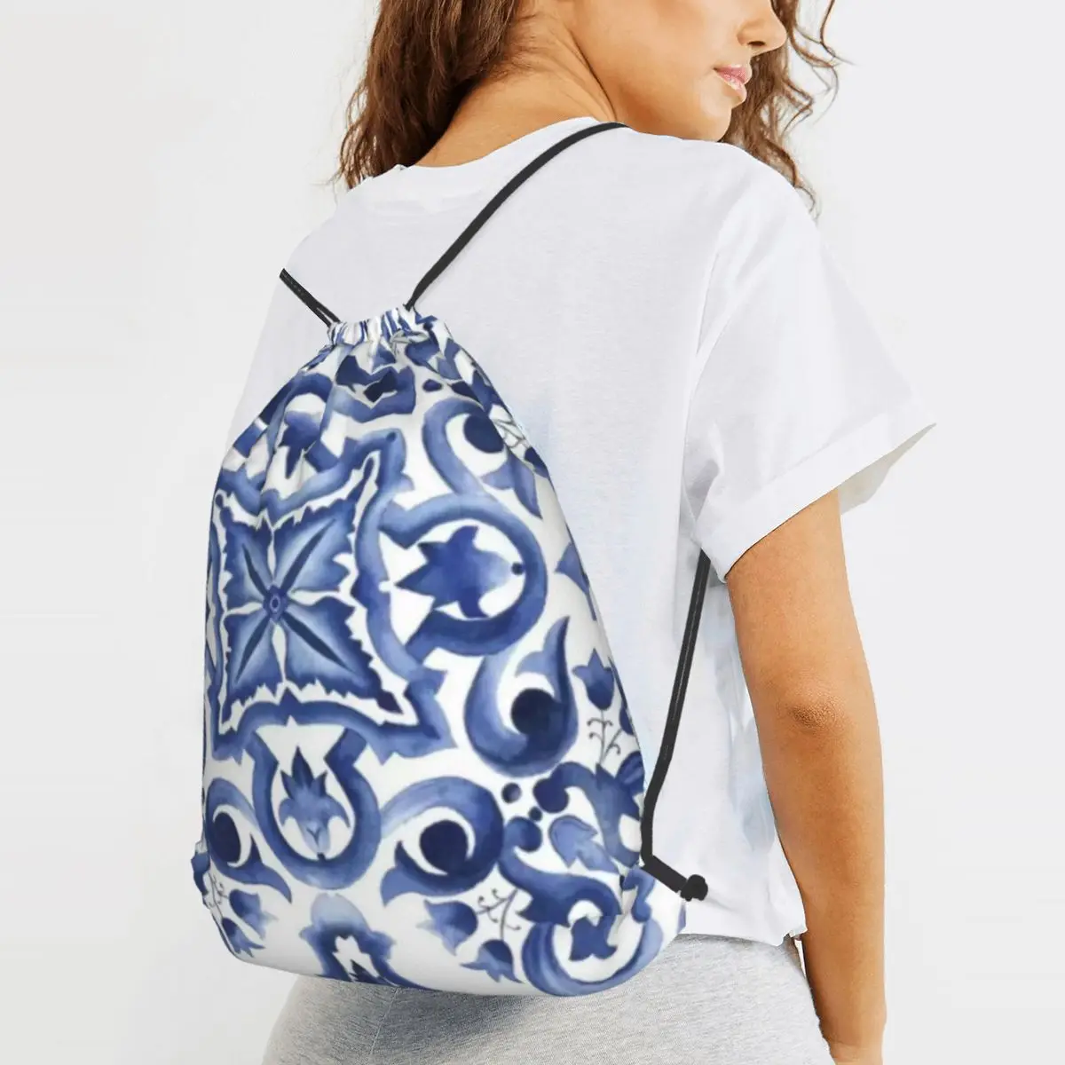 Blue Ornate Floral Mediterranean Sicilian Tile Backpacks Multi-function Drawstring Bags Storage Bag Book Bags for Travel School