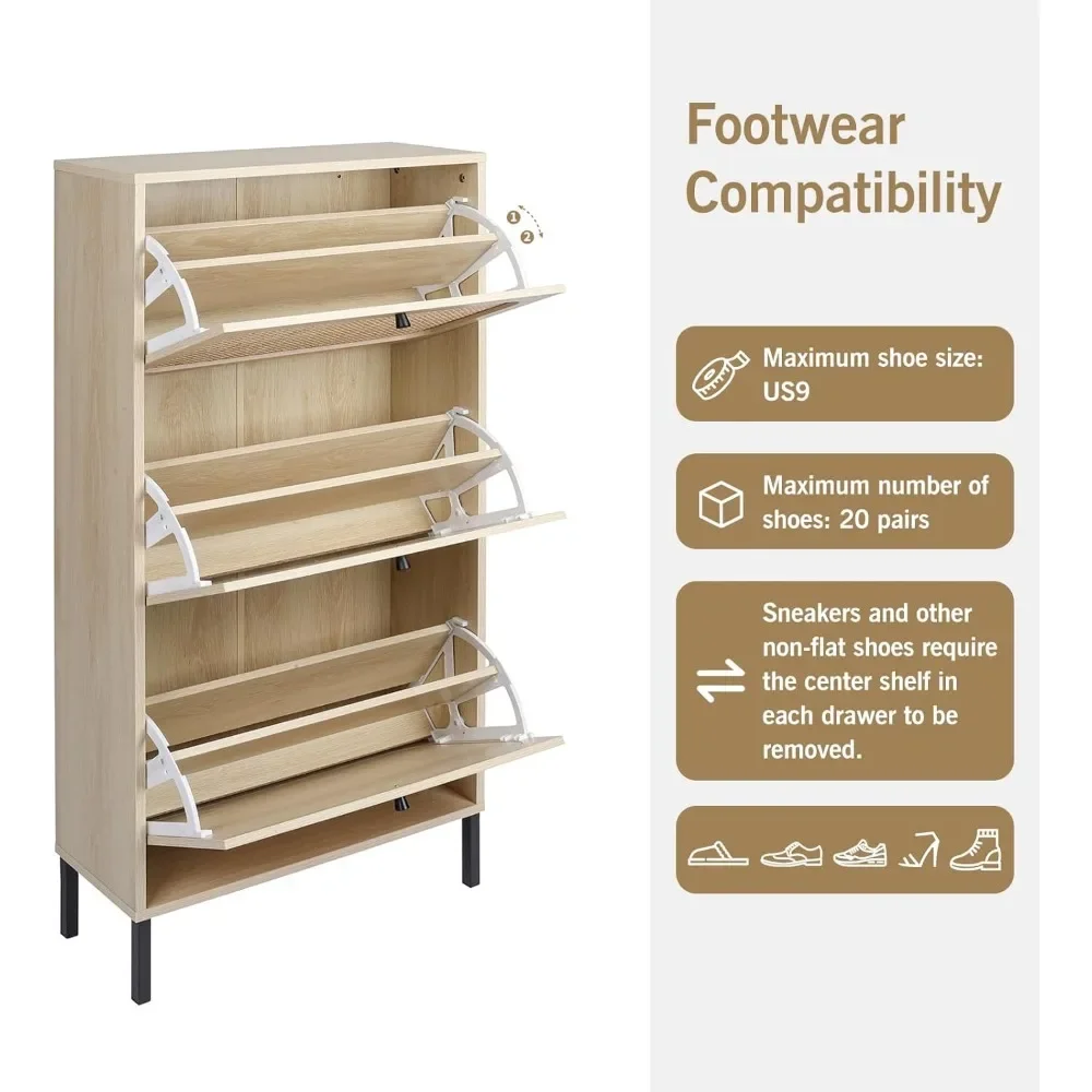 Gabinete de almacenamiento de zapatos de ratán natural con cajones abatibles para entrada, zapatero de madera independiente oculto con 3 cajones, delgado (Beige)