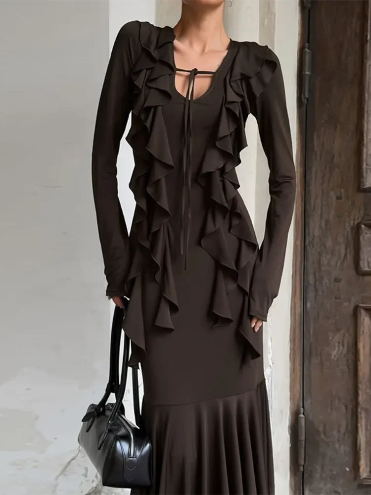 Chaxiaoa Elegant Bodycon Party Club Evening Dress Women 2025 Autumn Fashion Ruffled Lace-Up Long Sleeve Waist-Cinching Clothing