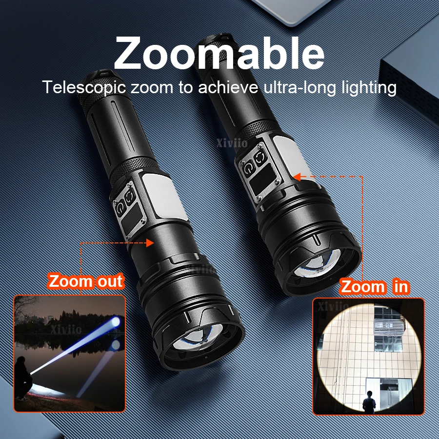 Senter LED Genggam Isi Ulang 180000LM dengan Zoom, Lampu Samping COB Merah, Lampu Peringatan, Tahan Air untuk Berkemah di Luar Ruangan