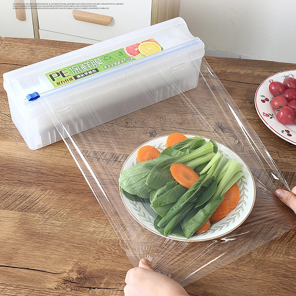 Household Reusable Food Plastic Wrap Box Dispenser With Sliding Knife Cutter Adjustable Cling Film Cutter Kitchen Tools Supplies