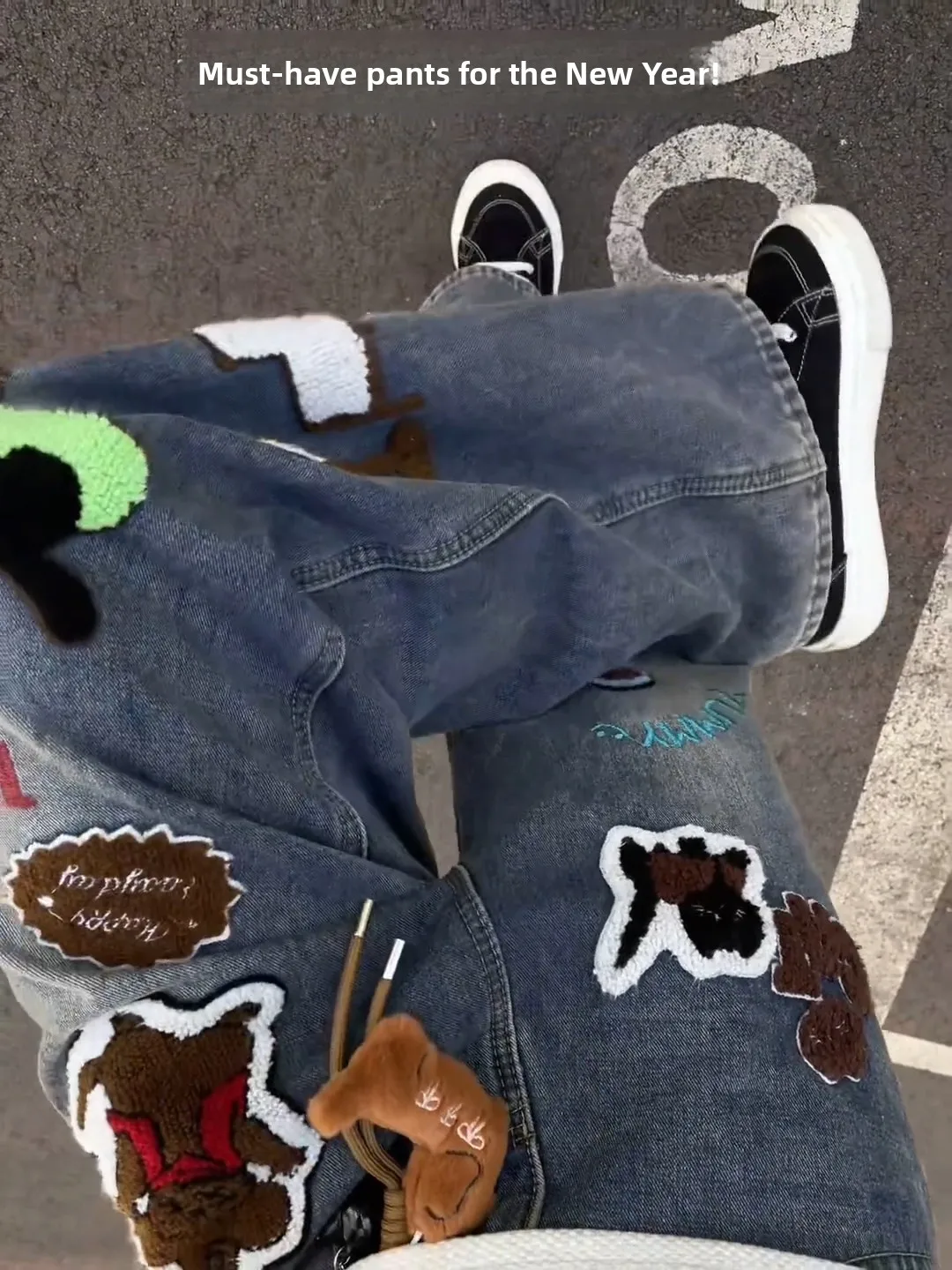 Blue Cartoon Flocking Embroidery Men's Jeans mid Waist Machine Embroidered Fleece Lined Bell Bottoms High Street Style