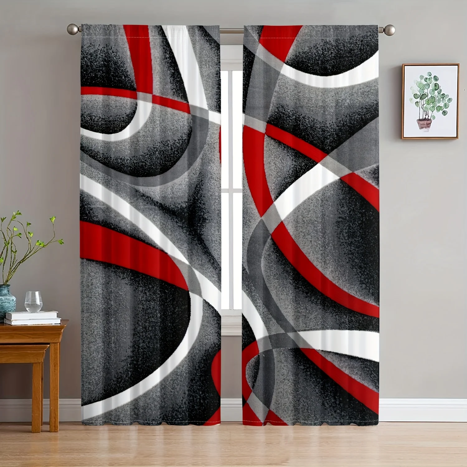 2 Panels Abstract Geometric Curtains, Red Black White Modern Art Print, Dynamic Line Drapes for Living Room Bedroom Decor